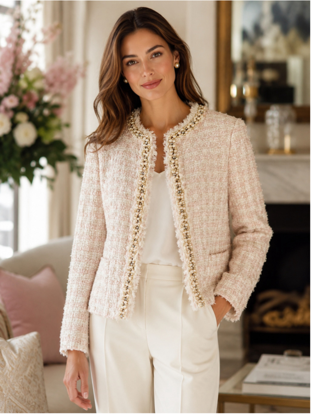 Neiman Marcus Jacket Women XL Pearl Rhinestone Boucle Old Money Plazacore Pink
